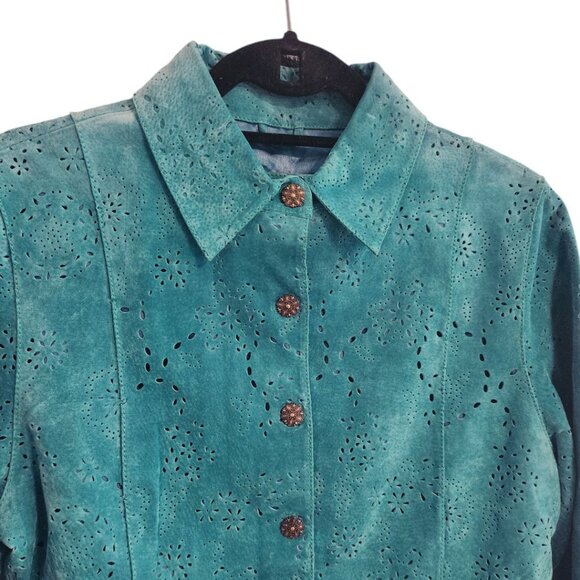 Saguaro Turquoise Laser Cut Suede Leather Jacket Size Small - Picture 3 of 11